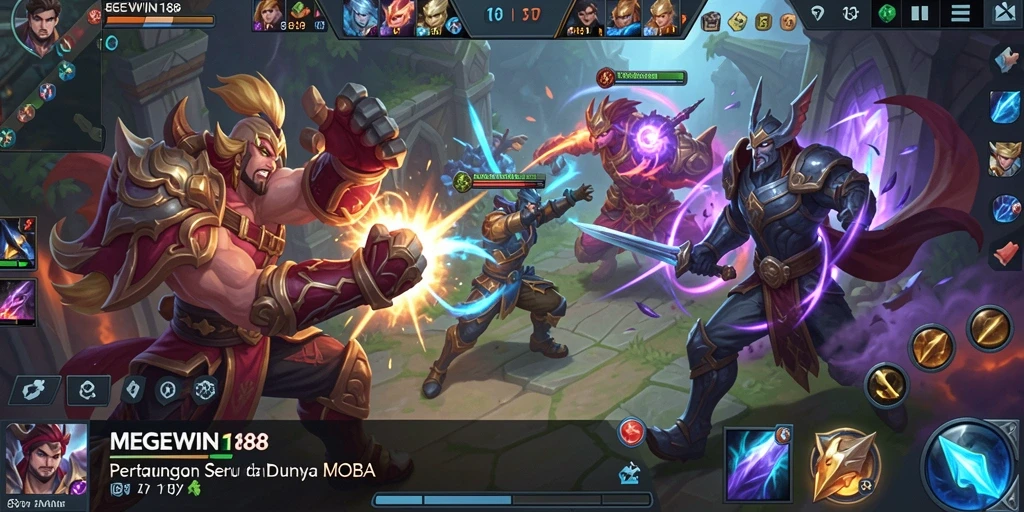 Tampilan gameplay menarik dari MEGEWIN188 dengan berbagai karakter MOBA.