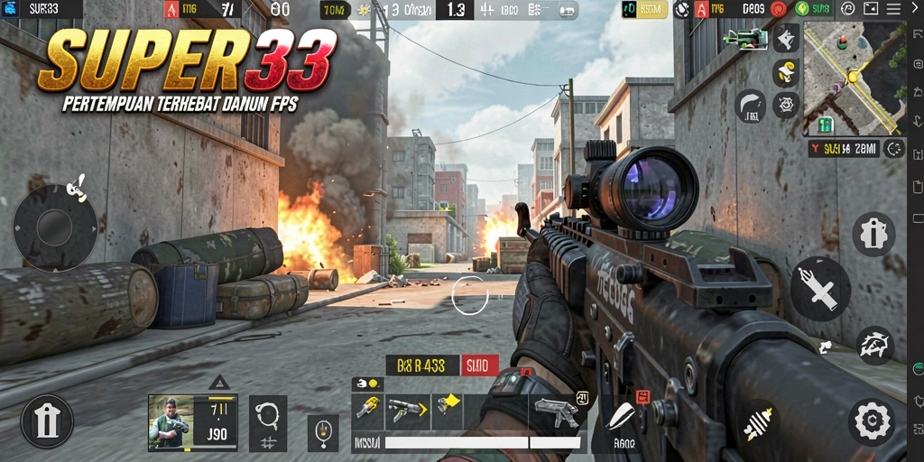 Screenshot gameplay SUPER33 menunjukkan aksi menegangkan dalam pertempuran FPS.
